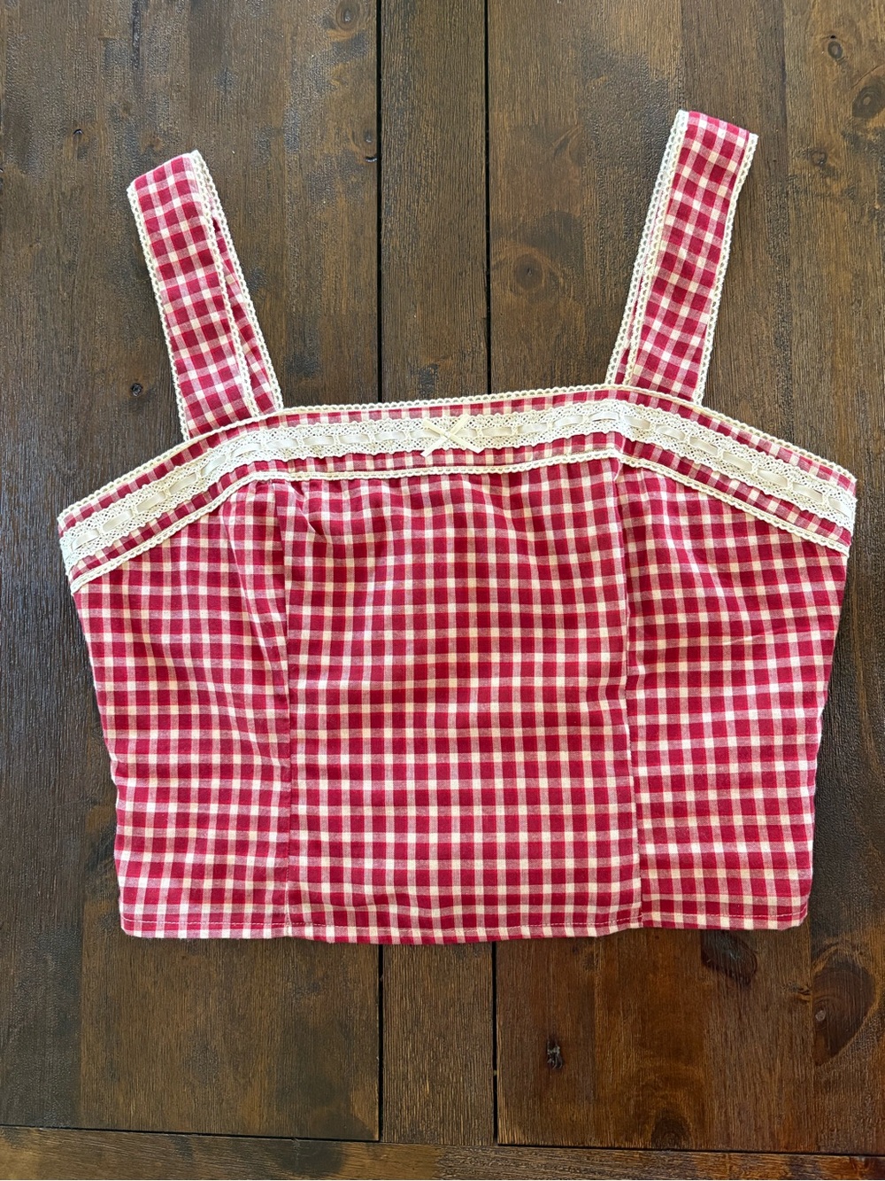 Red Gingham Lace-Trim Crop Tank Top